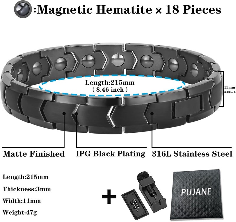 PUJANE Magnetic Hematite Bracelets for Men Women 316L Stainless Steel Power Balance Energy Magnets Stones Bracelet Jewelry Gift with Adjustment Tool - Image 2